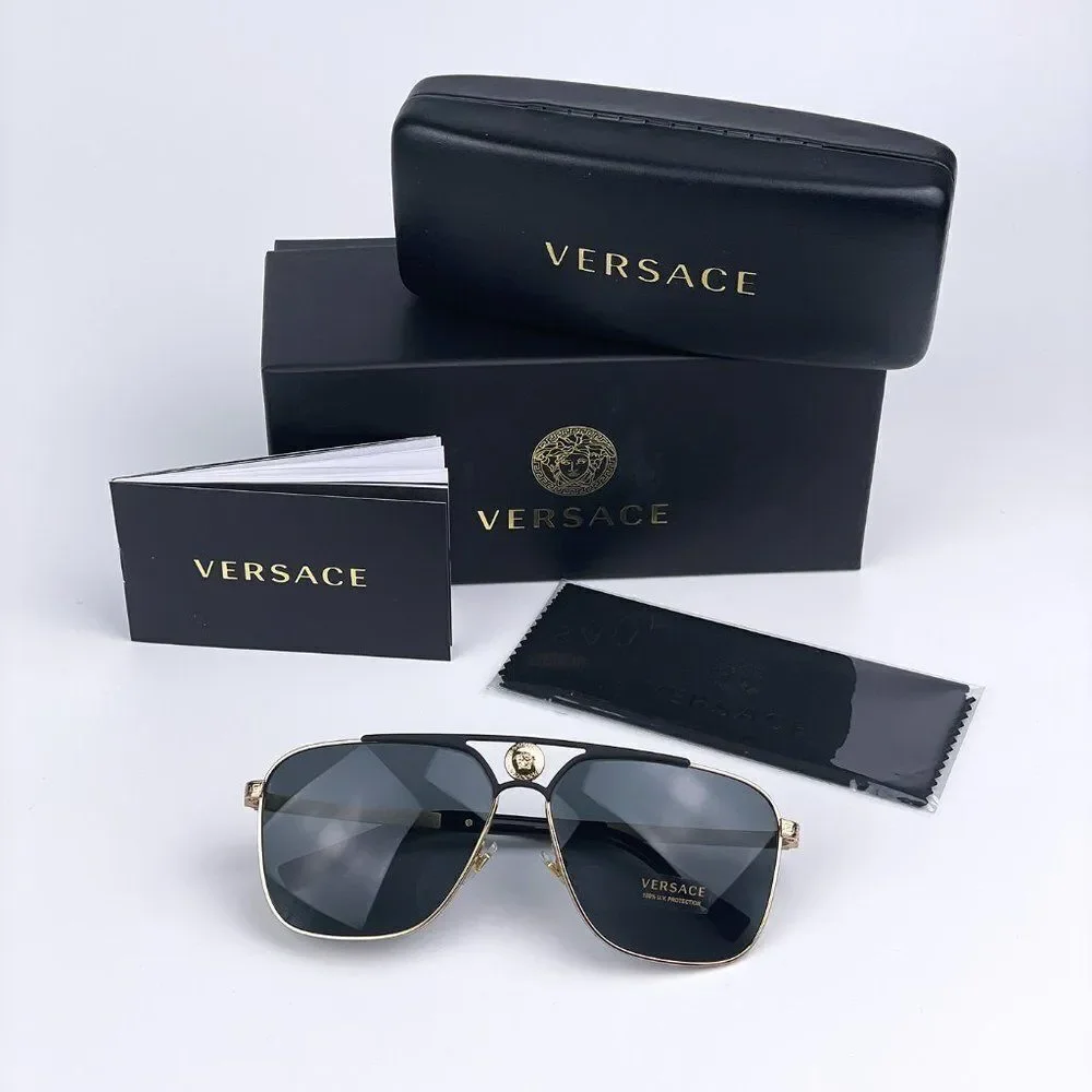 NEW Versace VE2238 143687 Gold Matte Black Gray Rectangle Metal Men Sunglasses